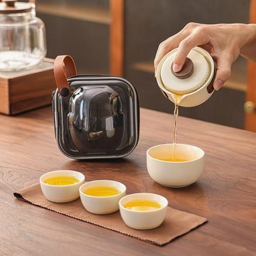 👍好物👍 旅行茶具組 泡茶組 旅行茶具 露營茶壺 戶外旅行 露營泡茶組 泡茶神器 米黃旅行茶具套裝便攜簡約陶瓷快客杯一壺