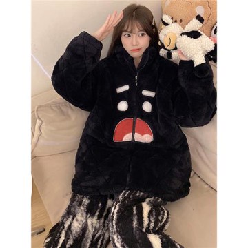 三層夾棉睡衣女冬季珊瑚絨法蘭絨冬天拉鏈款加厚加絨家居服可外穿