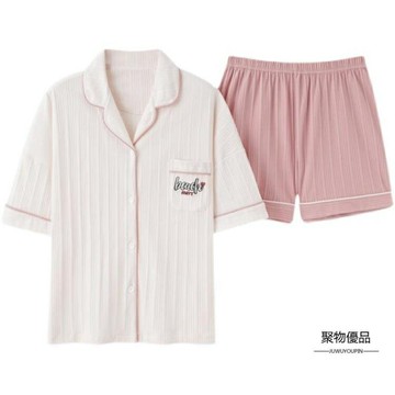 純棉睡衣女夏季短袖短褲薄款開衫可外穿少女士簡約家居服套裝【聚物優品】