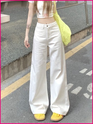 復古白色闊腿牛仔褲女2025春夏季新款大尺碼高腰顯瘦寬鬆直筒拖地褲 DEGH