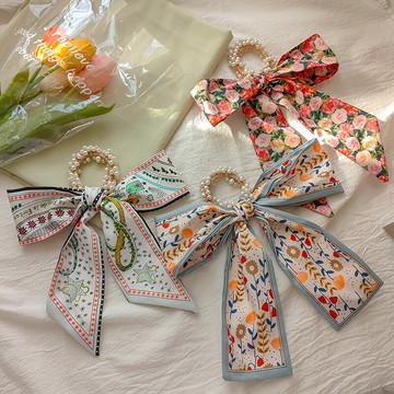 新款網紅綁發珍珠蝴蝶結發繩飄帶優雅氣質百搭法式少女絲巾頭繩女