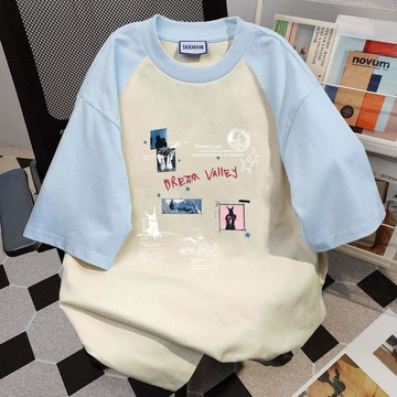 【FOH】100%純棉 女生衣服 美式復古 雙拼色t恤 寬鬆短袖 落肩上衣 夏季女裝