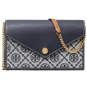 TORY BURCH Monogram系列 緹花布面釦式金屬鍊帶斜背包(海軍藍)