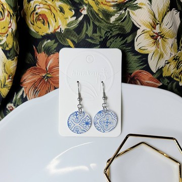 窗花敘事 海棠玻璃 鈷藍 花磚 手繪熱縮片 耳環