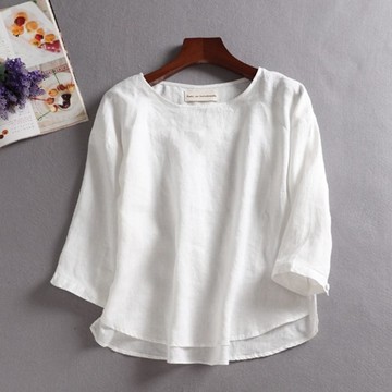 f8051720 簡約百搭亞麻七分袖襯衫上衣