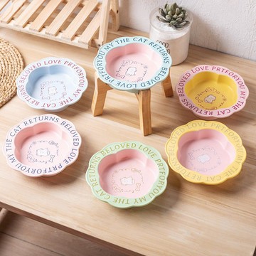 寵物用品 寵物碗花邊貓飯碗防黑下巴貓食盆陶瓷貓碗防打翻水糧兩用碗高腳木架碗 貓咪碗 寵物高腳碗 貓碗 陶瓷 貓高腳碗