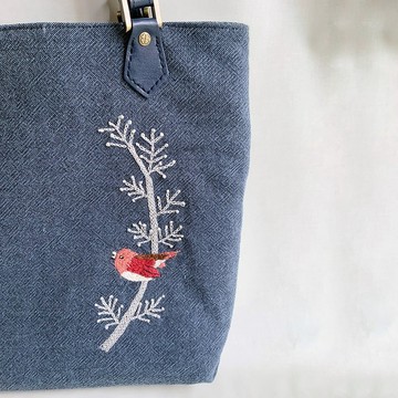 深藍色刺繡知更鳥真皮製提把手提包