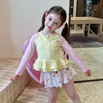 ❤️AL❤️ 女童泳衣 女童泳裝 兒童泳衣套裝 兒童分體游泳衣公主風夏季新款甜美氣質女寶寶拼色長袖兩件套泳裝