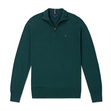 TOMMY 熱銷刺繡Logo立領半開襟針織棉質毛衣-綠色