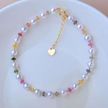 日本天然 海水 Akoya 珍珠 手鍊 18K金 彩色藍寶石 碎碎冰設計 手串 糖果色 優雅百搭款