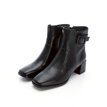 viina 時尚純色羊皮粗跟短靴 - 黑