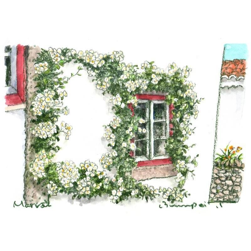 ポルトガル 絵画 風景画 水彩画 インテリア 高橋文平 「赤い窓枠と白い