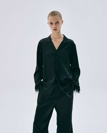 MARDI MERCREDI 緞面長褲 黑色 鴕鳥毛 SATIN OSTRICH PANTS