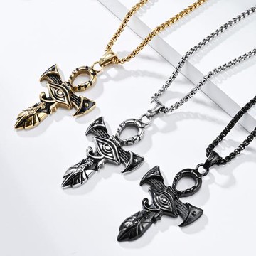 Jpqueen 荷魯斯之眼十字架歐美中性鈦鋼長項鍊(3色可選)