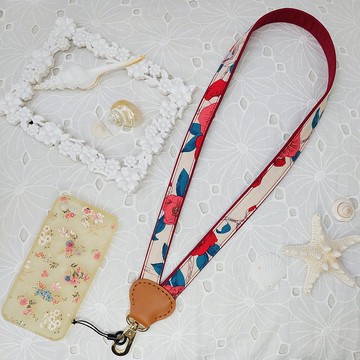 紅色系Y型減壓雙色花布真皮手機頸掛繩