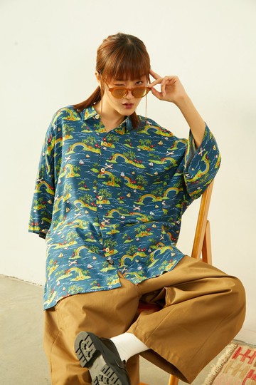 夏威夷風寬鬆短袖男女同款襯衫