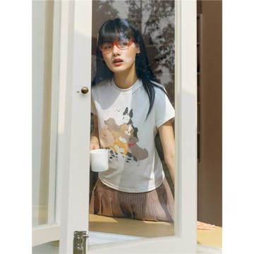 PSO Brand女裝棉羅紋彈力疊疊樂可愛小狗正肩短袖T恤修身顯瘦上衣