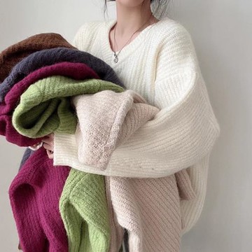 韓國chic秋冬小眾百搭V領保暖柔軟寬松休閑小個子長袖針織毛衣女