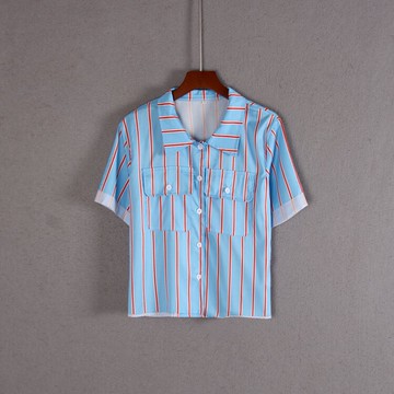 女短袖翻領條紋單排扣有口袋襯衫上衣服顯瘦流行潮