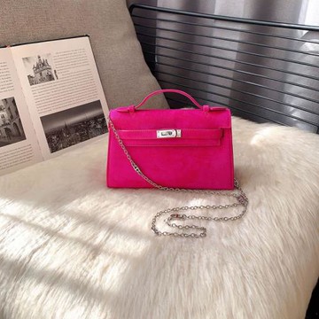 一代凱莉包女真皮高級感鏈條包女斜挎玫紅色包包女單肩真皮凱莉包