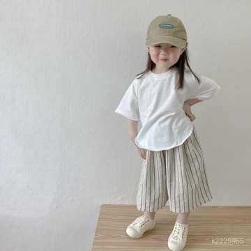🍀AY🍀 兒童套裝 女童套裝 女童短袖 女童休閒褲 女童條紋闊腿褲 夏季薄款 寶寶日系棉質寬鬆九分褲 休閑褲