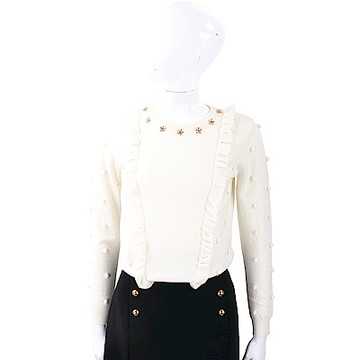 BLUGIRL-FOLIES 金屬花細節白色毛球荷葉美麗諾羊毛衫