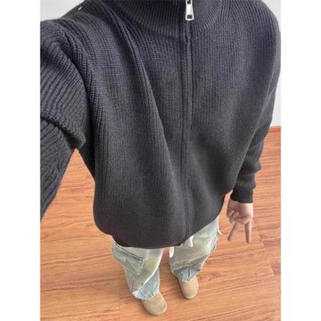 高級感灰色拉鏈毛衣男裝大碼春秋半高領針織開衫線衣慵懶正肩外套