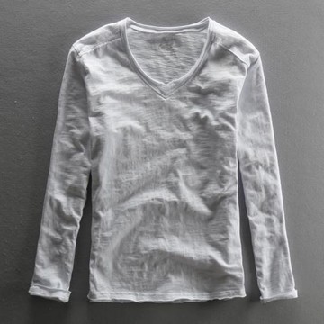 春夏打底簡約V領長袖竹節棉T恤男士休閑做舊毛邊純棉男t恤衫上衣