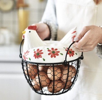 可愛陶瓷母雞雞蛋籃雞蛋收納籃水果籃鐵工藝品彩繪雞烏骨雞造型-紅/藍/黑【AAA3708】