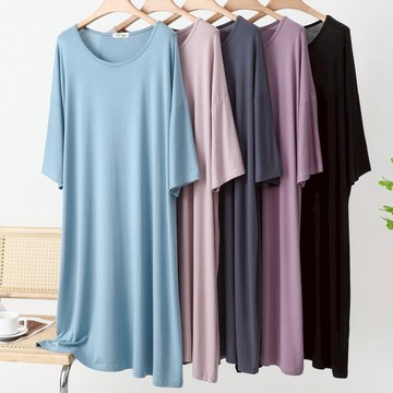 洋裝 莫代爾中袖睡裙 大尺碼顯瘦薄寬鬆家居長裙 062016