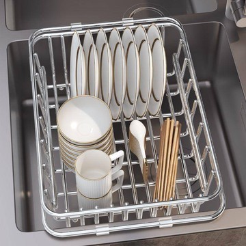 【吉百居轻奢】吉百居伸縮廚房家用不銹鋼瀝水籃水池洗碗池多功能加厚收納洗菜盆置物架 收納架 層架 架子 瀝水架 不鏽鋼置物