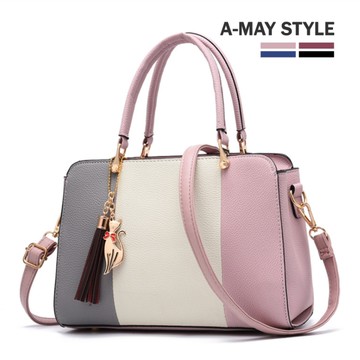 包包 優雅拼色貓咪吊飾手提肩背包