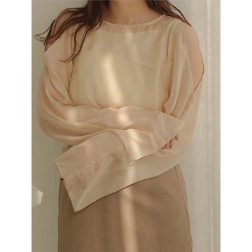 日單@lumu 原單2025夏新款薄款透視罩衫寬松圓領套頭露肩長袖襯衫