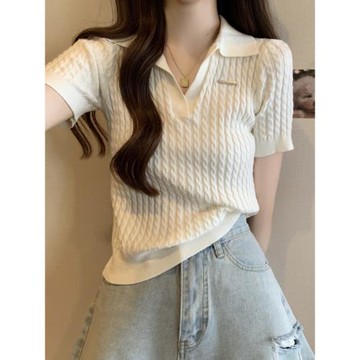 獨特polo領小衫夏季新款針織短袖女絕美麻花冰絲白色t恤顯瘦上衣