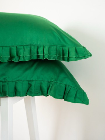 帶有荷葉邊的枕頭套 - Green，100% 棉 સateen，信封式開口