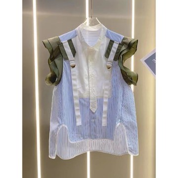 (免運)韓版撞色拼接荷葉邊小飛袖襯衫女2024夏季新款時尚無袖條紋上衣潮