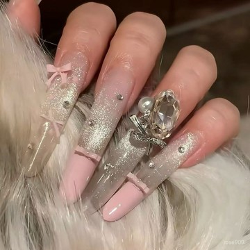 ➕最新設計款穿戴甲💅【粉色迴憶】手工穿戴甲公主風法式粉色爆閃k9鑽球貓眼蝴蝶結美甲長款穿戴甲 YAV7