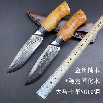 【热销】跨鏡北歐大馬士革鋼穩定木手柄固定刀片戶外生存多功能水果刀直刀