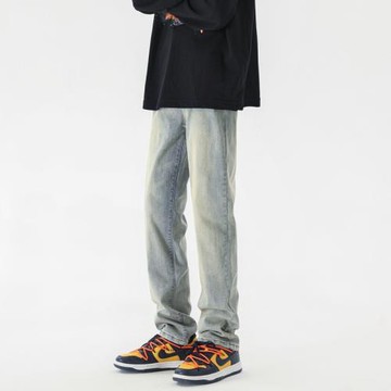 水洗黃泥牛仔褲男春秋高街vibe潮牌美式街頭修身直筒褲子秋季薄款