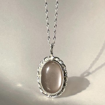 灰橘色月光石 純銀項鍊 經典雙麻花 含銀鍊 手作金工 灰月光石