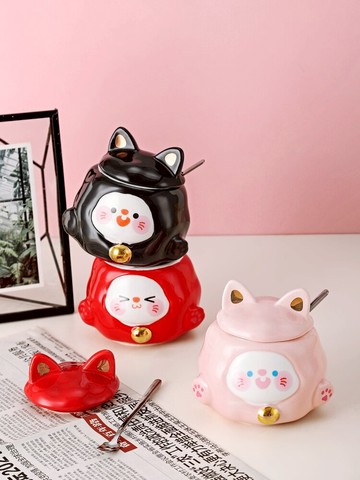 可愛招福喵馬克杯帶蓋勺水杯女生桌面杯情侶一對喝水杯家用辦公室