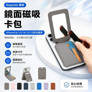 自帶鏡面 磁吸式手機支架 Magsafe 卡包 折疊式 隱形支架 手機支架 卡夾 皮革質感 iPhone 磁吸支架卡包