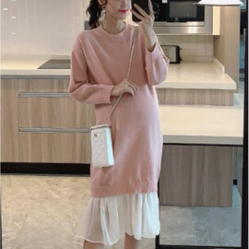 ロングニットワンピース ロング丈 袖ボリューム ニット マキシワンピース 長袖 秋冬ワンピース レイヤード風 重ね着風 異素材ミックス ラ 通販 Lineポイント最大1 0 Get Lineショッピング