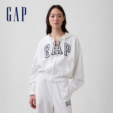 【GAP】寬版Gap Logo法式毛圈布拉鍊連帽衫-新款米白(887993)