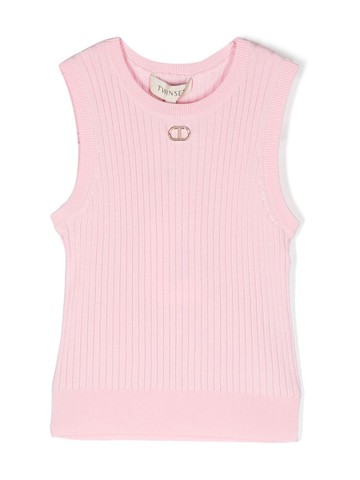 TWINSET Kids - logo-plaque rib-knit vest - kids - Viscose/Polyamide - 10 yrs - Pink
