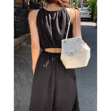 韓國chic夏季法式氣質掛脖式鏤空腰設計收腰顯瘦無袖背心連衣裙女