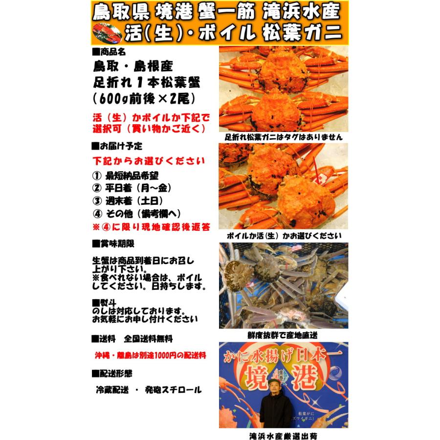 カニ 松葉ガニ 訳あり 足折れ 1本なし 日付指定OK 600g前後×2尾 活 生 か ボイル 選択可 未冷凍 鳥取 境港 姿 お歳暮