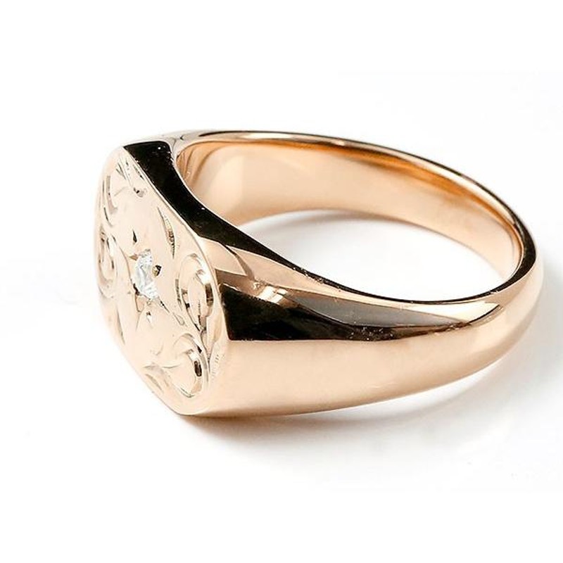 ハワイアン メンズ リング ダイヤモンド ピンクゴールドk10 印台 指輪 幅広 ハワイアン スクロール ダイヤ 一粒 トレジャーハンター-