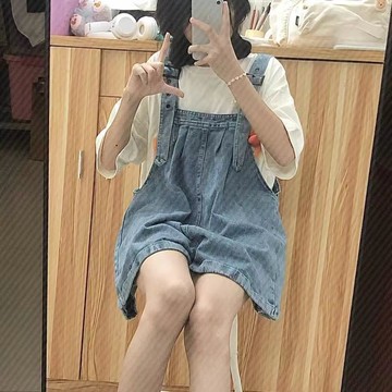 背帶牛仔褲女減齡高腰寬松奶小個子甜美小清新工裝褲潮流褲夏季新款