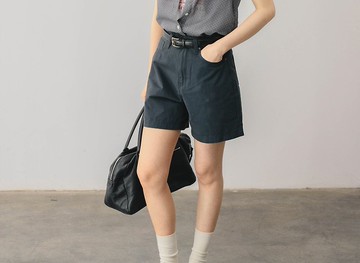 法式復古 少女高腰修身普魯士藍棉質短褲